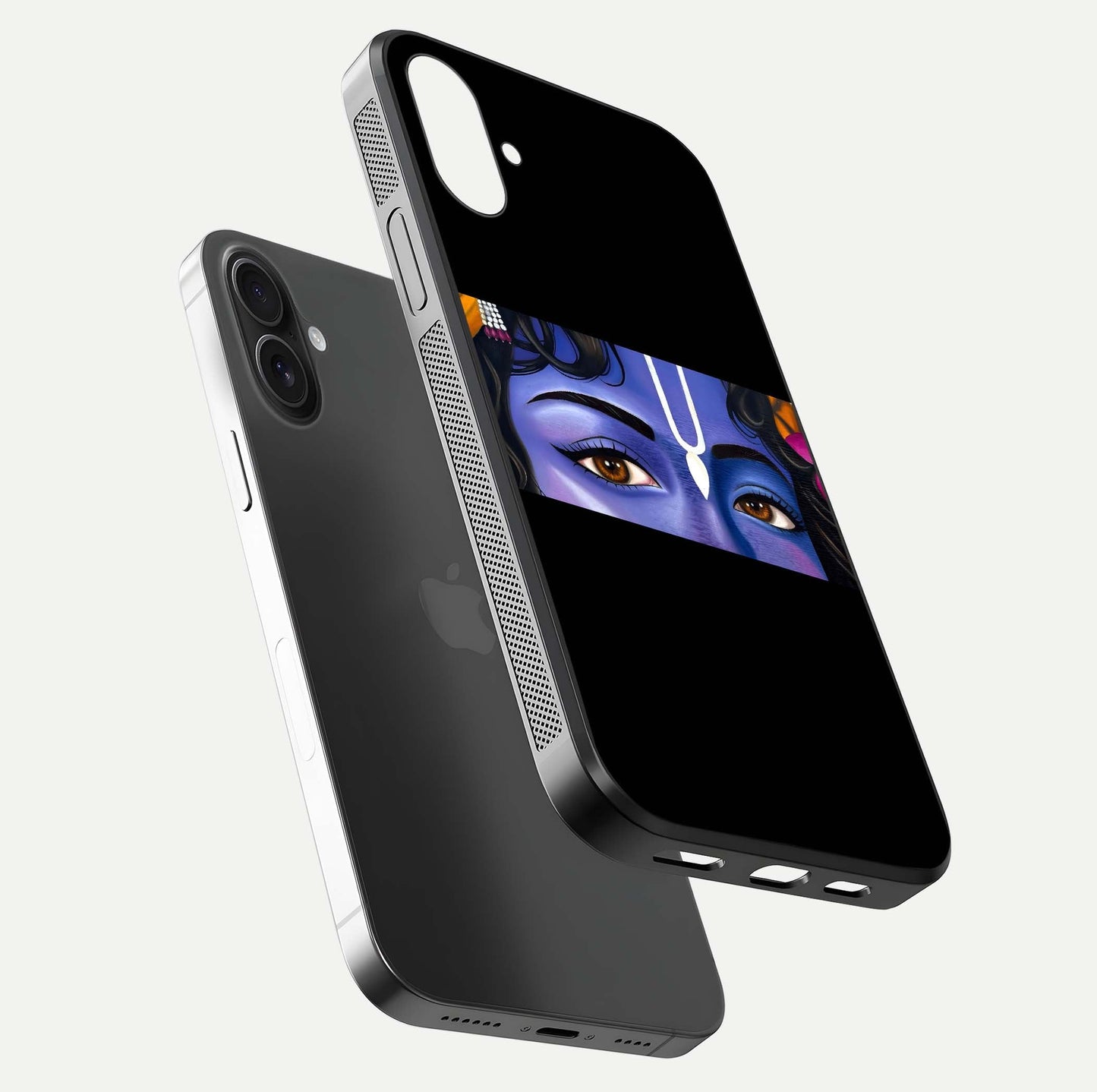 Krishna Eye Glass Case for iPhone 16 floating dual-view mockup showing gloss surface and divine art depth