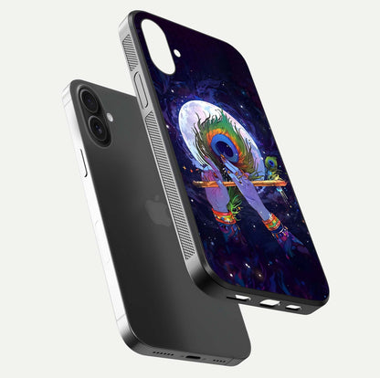 Krishna Hands Art Glass Case for iPhone 16 floating dual-view mockup showing premium gloss reflection