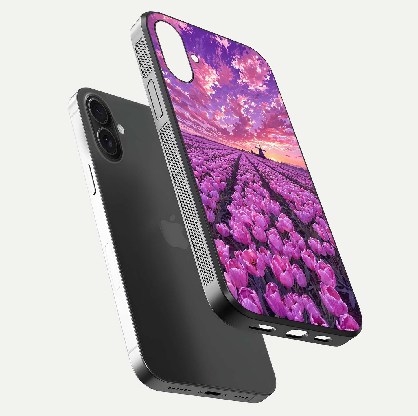 Lavender Moon Field Glass Case for iPhone 16 floating dual-view mockup showing gloss surface and floral glow