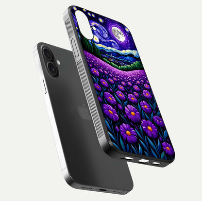 Lavender Soft Minimal Glass Case for iPhone 16 floating dual-view mockup showing gloss reflection and pastel tone