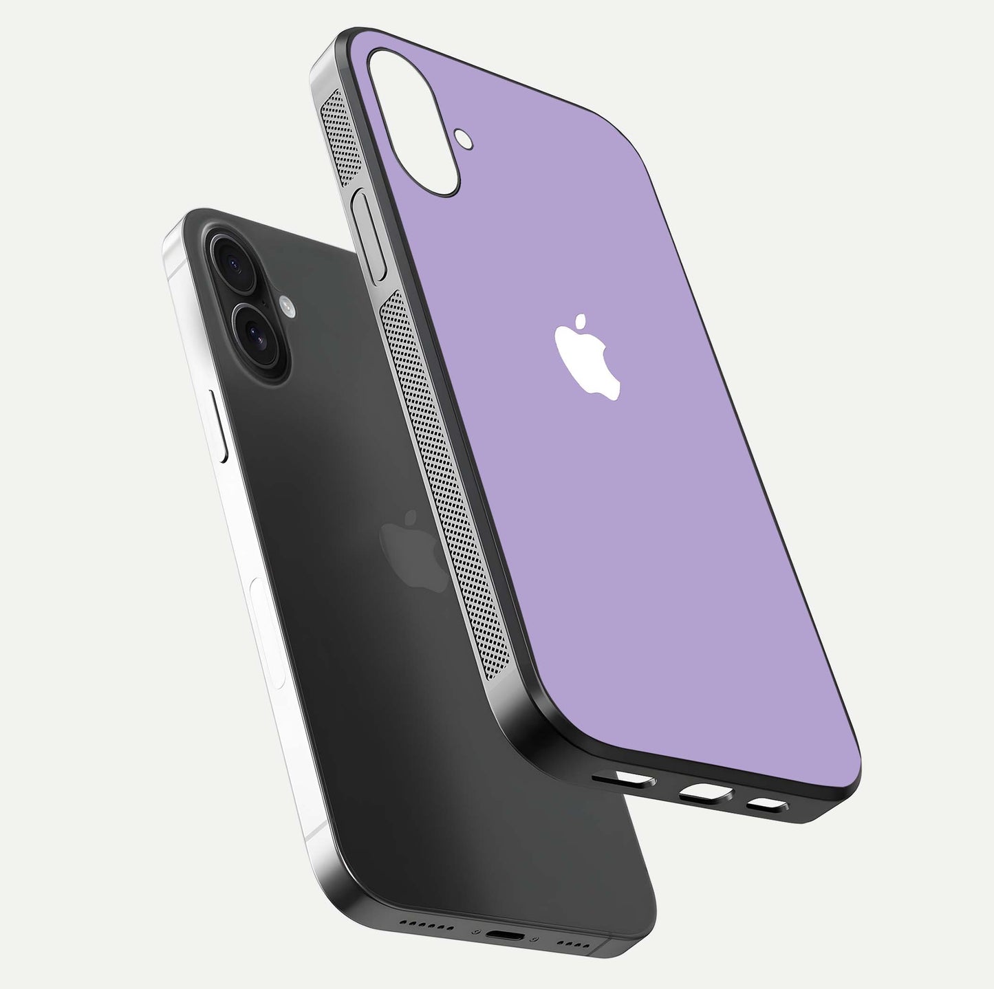 Lavender Dream Skies Glass Case for iPhone 16 floating dual-view mockup showing gloss polish and pastel design