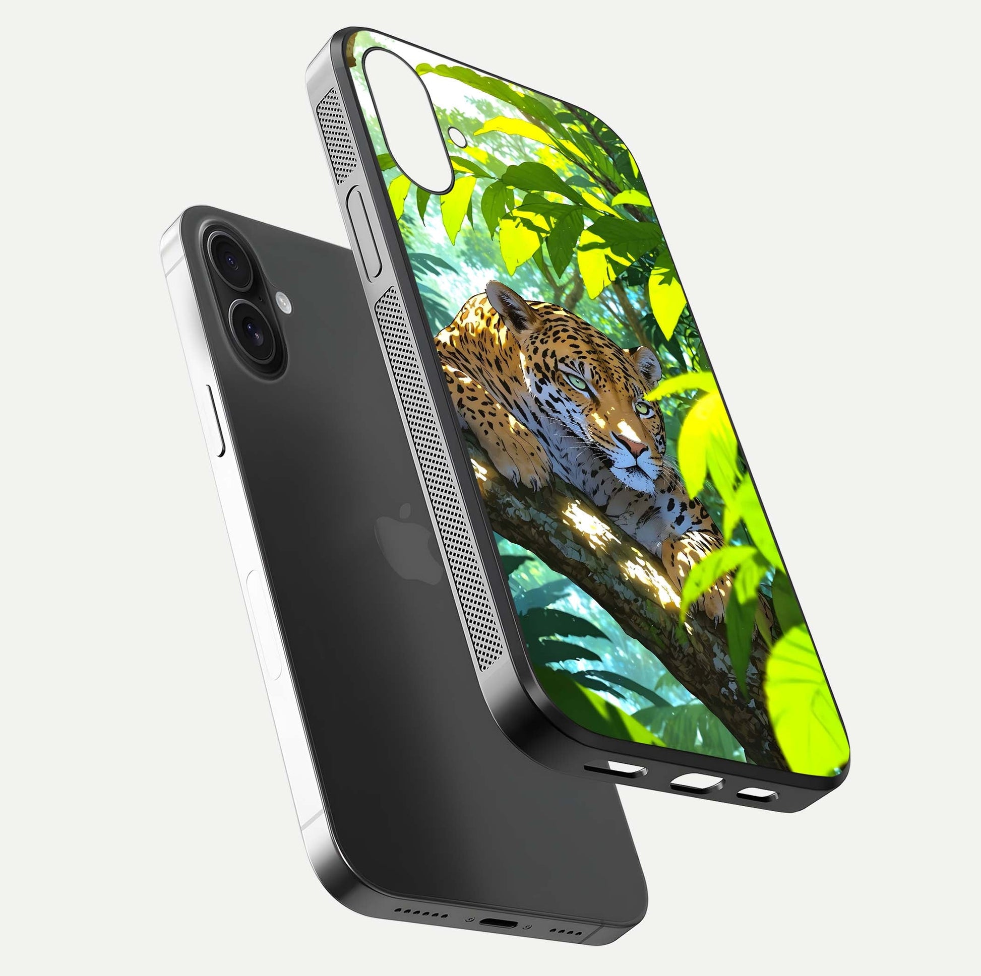Leopard in Jungle Glass Case for iPhone 16 floating dual-view mockup showing gloss finish and HD wild pattern