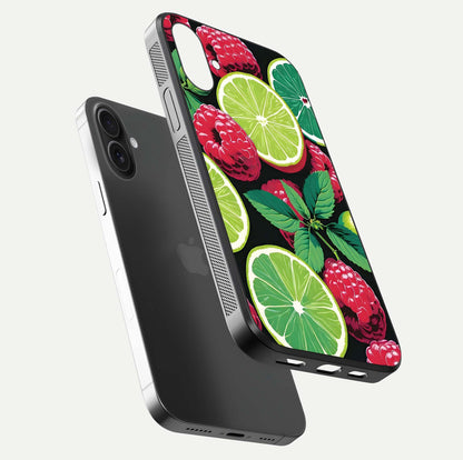 Lime and Raspberry Pattern Glass Case for iPhone 16 floating dual-view showing HD gloss and vivid print