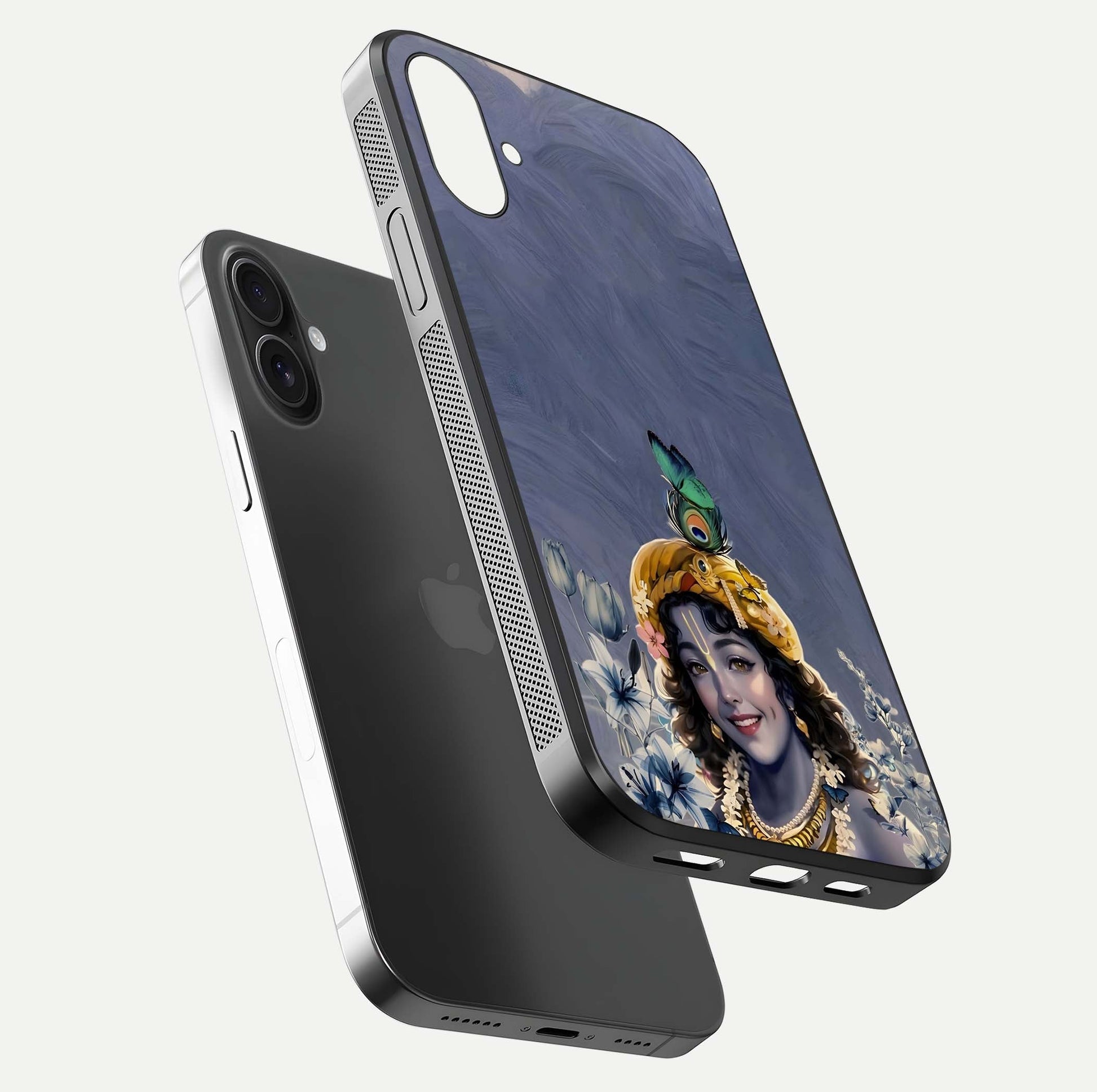 Lord Krishna Glass Case for iPhone 16 floating dual-view showing glossy shine and divine artistic pattern