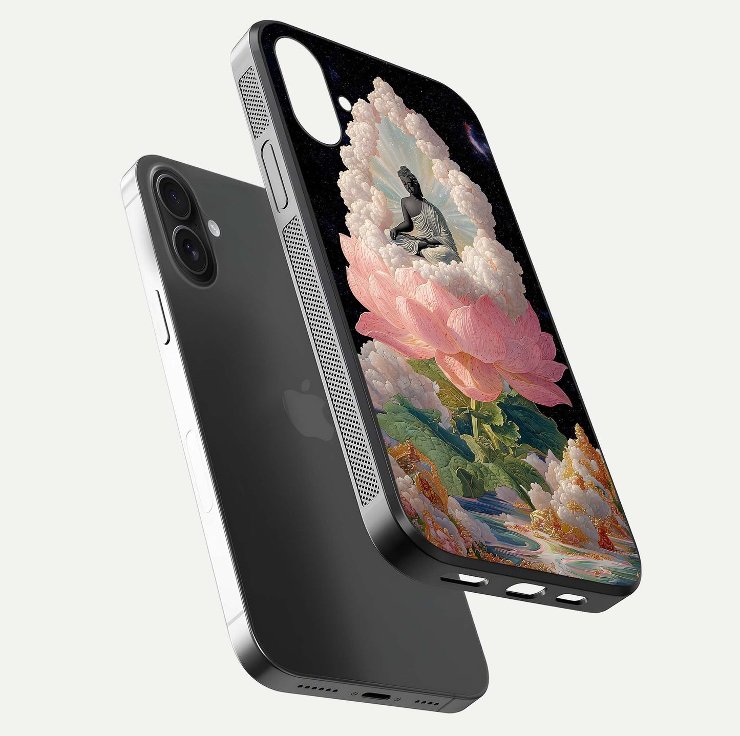 Lotus Divine Peace Glass Case for iPhone 16 floating dual-view mockup with glass glow and spiritual calm art
