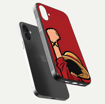 Luffy X Spirit Glass Case for iPhone 16 floating dual-view mockup showing gloss polish and vibrant color depth