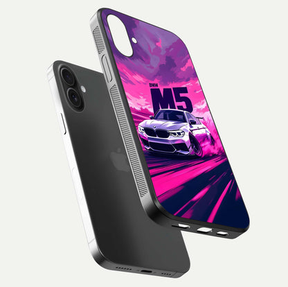 MS Neon Car Glass Case for iPhone 16 floating dual-view mockup showing HD gloss and electric color tones