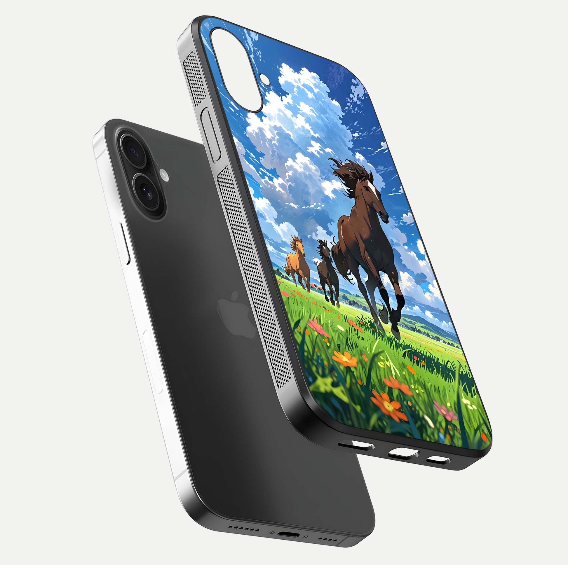 Majestic Horses Galloping Glass Case for iPhone 16 floating dual-view mockup showing gloss texture and vivid tones