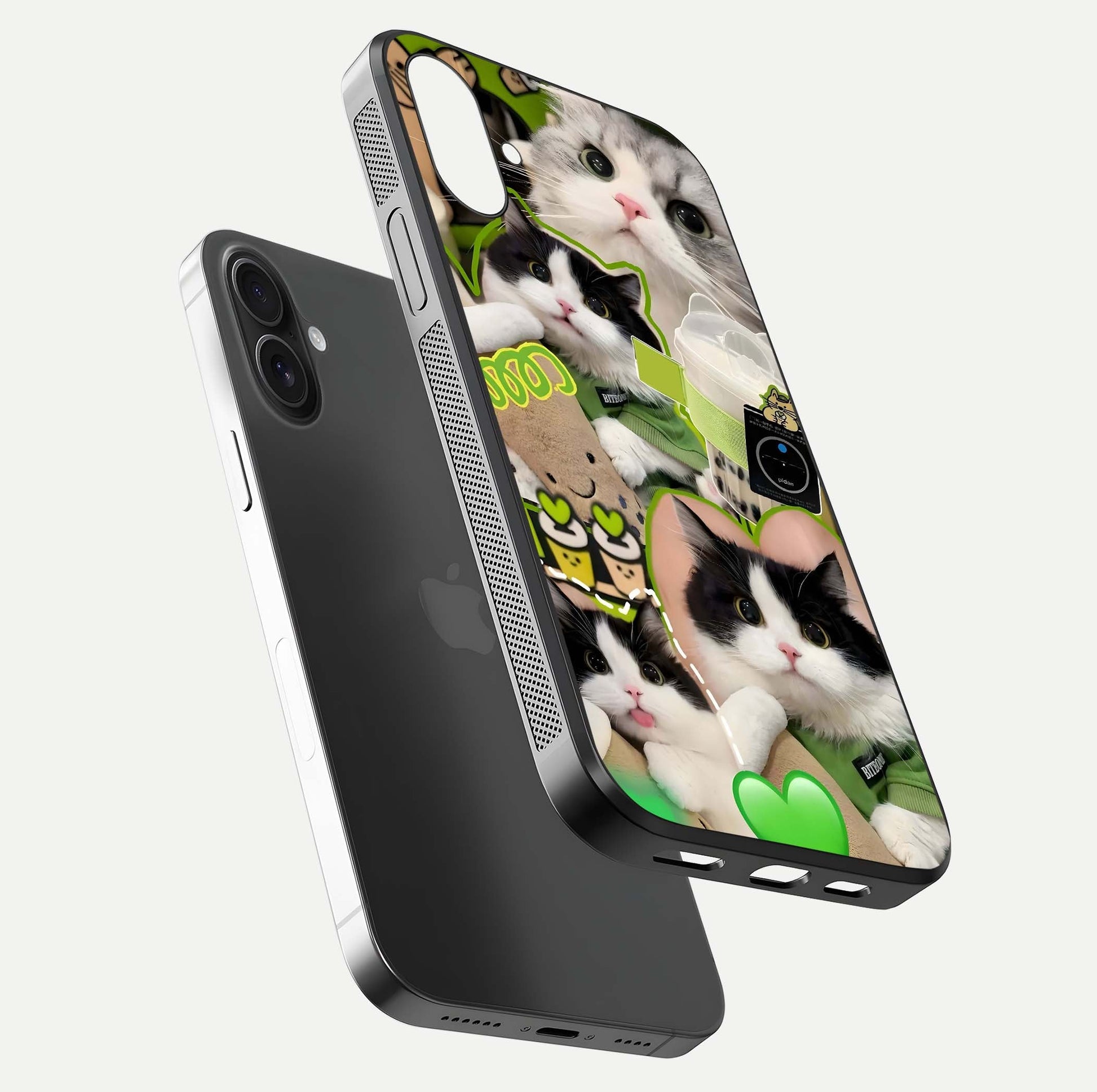 Matcha Cats Mood Glass Case for iPhone 16 floating dual-view mockup showing HD gloss surface and soft tones