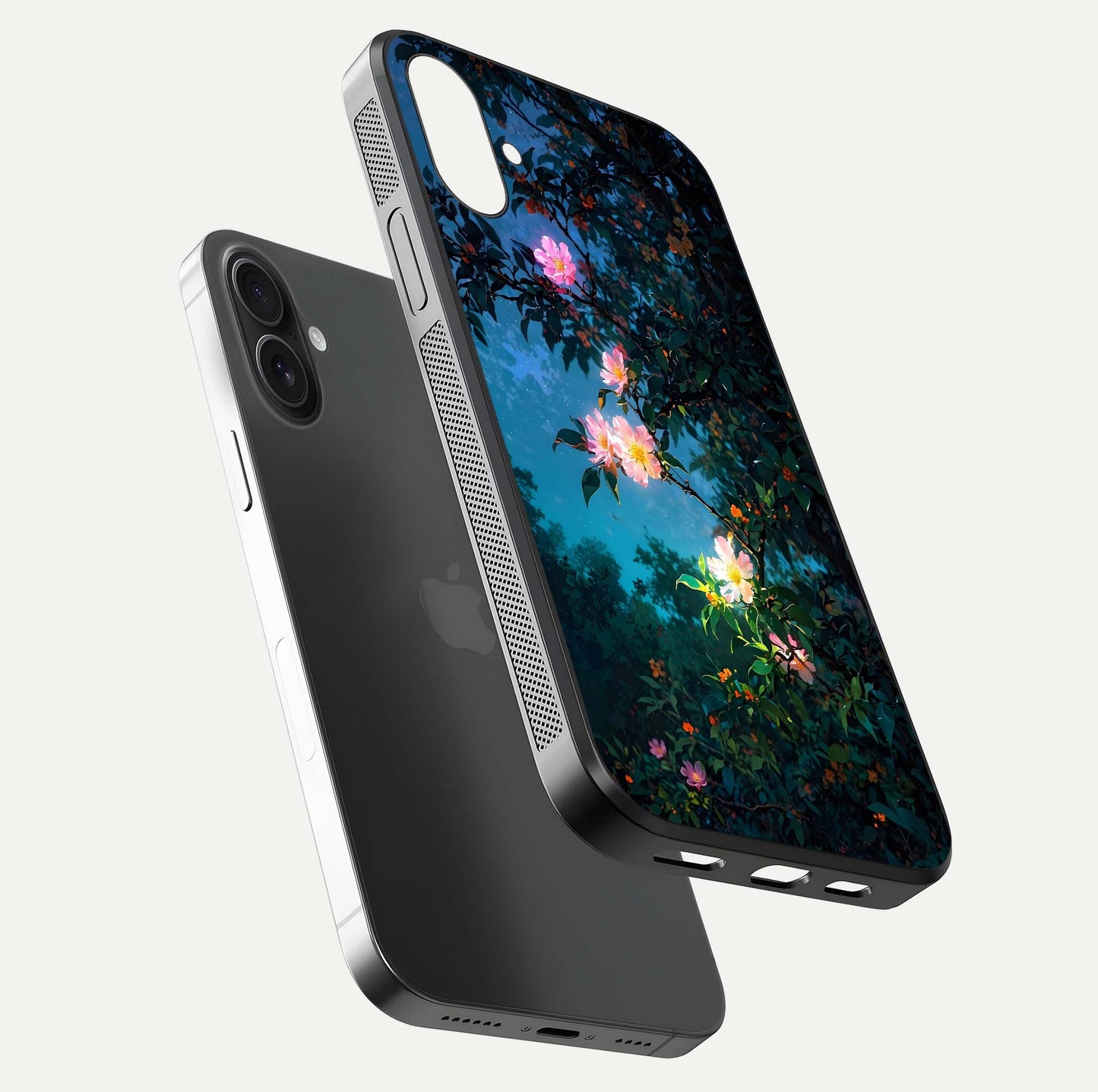 Midnight Kiss Love Glass Case for iPhone 16 floating dual-view mockup showing HD gloss and elegant edge design
