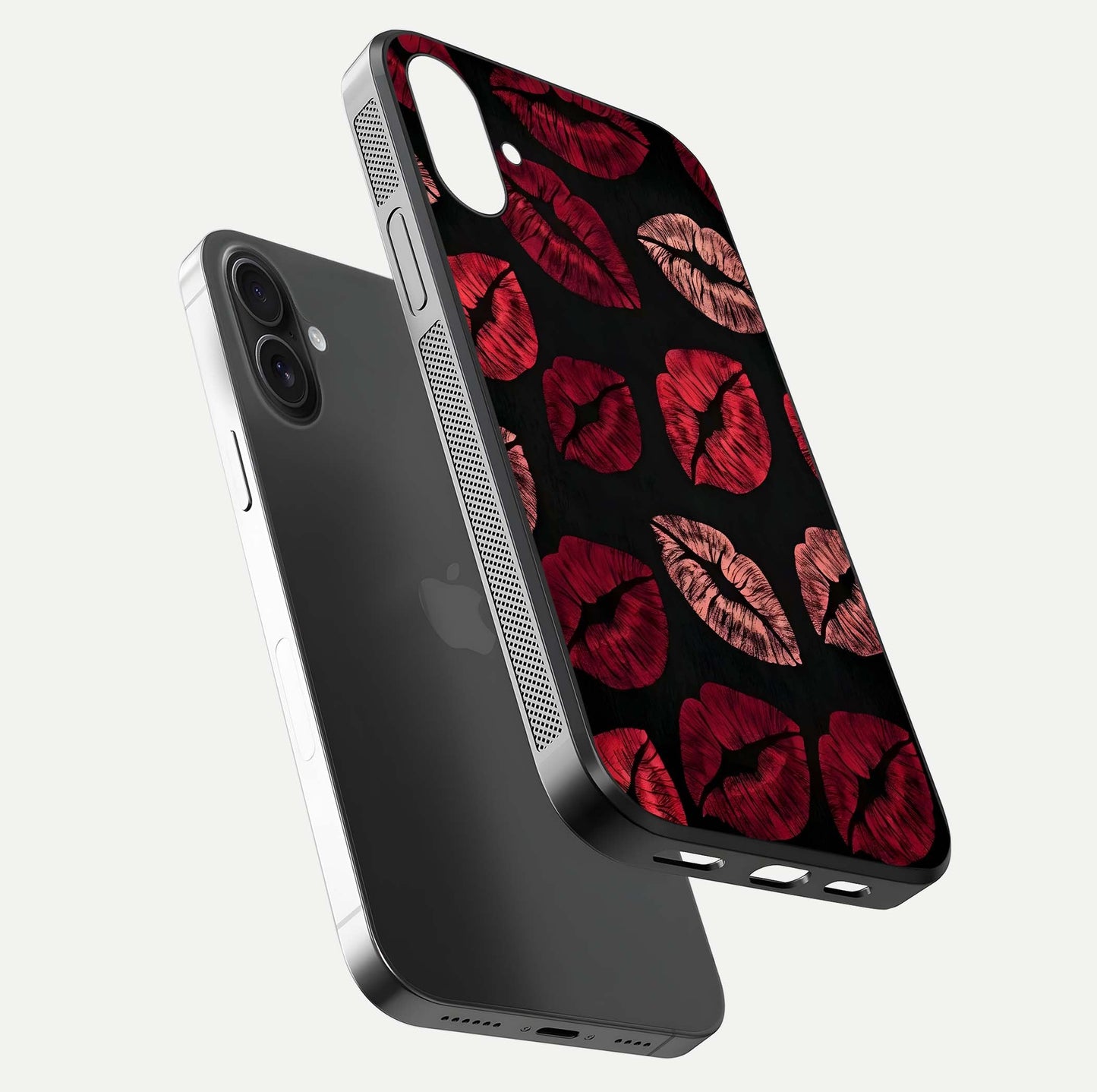 Midnight Lake Peace Glass Case for iPhone 16 floating dual-view mockup showing gloss finish and peaceful art