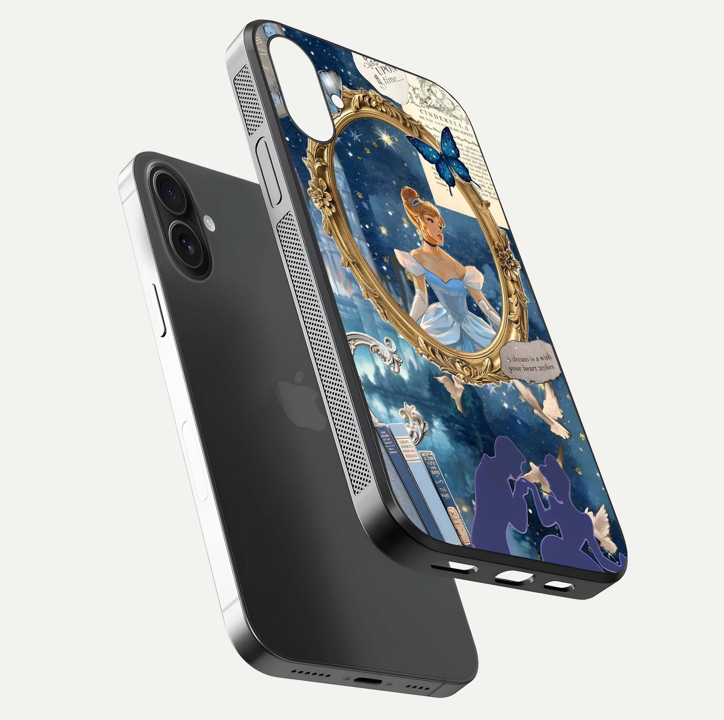 Midnight Queen Glass Case for iPhone 16 floating dual-view mockup showing HD glass shine and luxury art