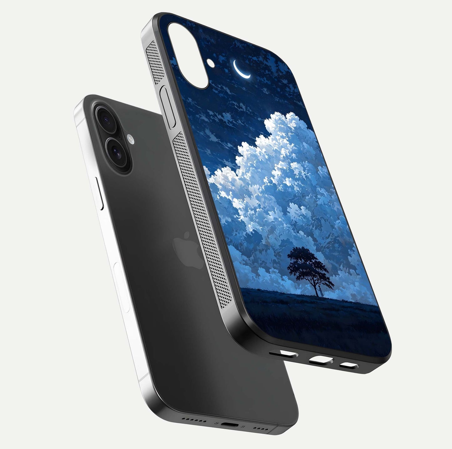 Midnight Sky Serenity Glass Case for iPhone 16 floating dual-view mockup showing HD gloss and night shine