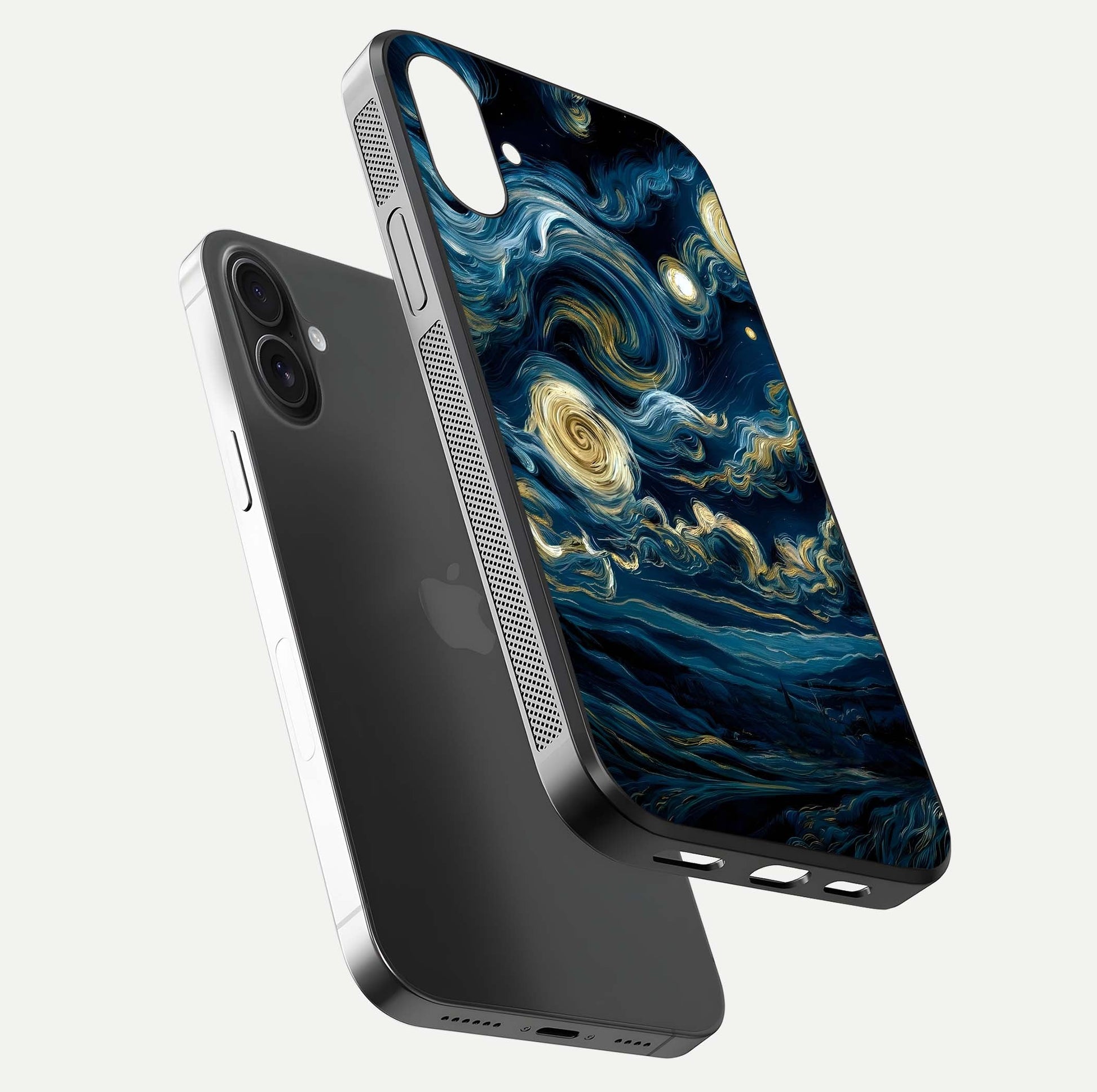 Midnight Sky Whirl Glass Case for iPhone 16 floating dual-view mockup showing gloss texture and shine