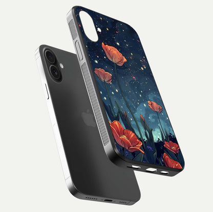 Midnight Tulip Glow Glass Case for iPhone 16 floating dual-view mockup showing HD gloss and tulip tone