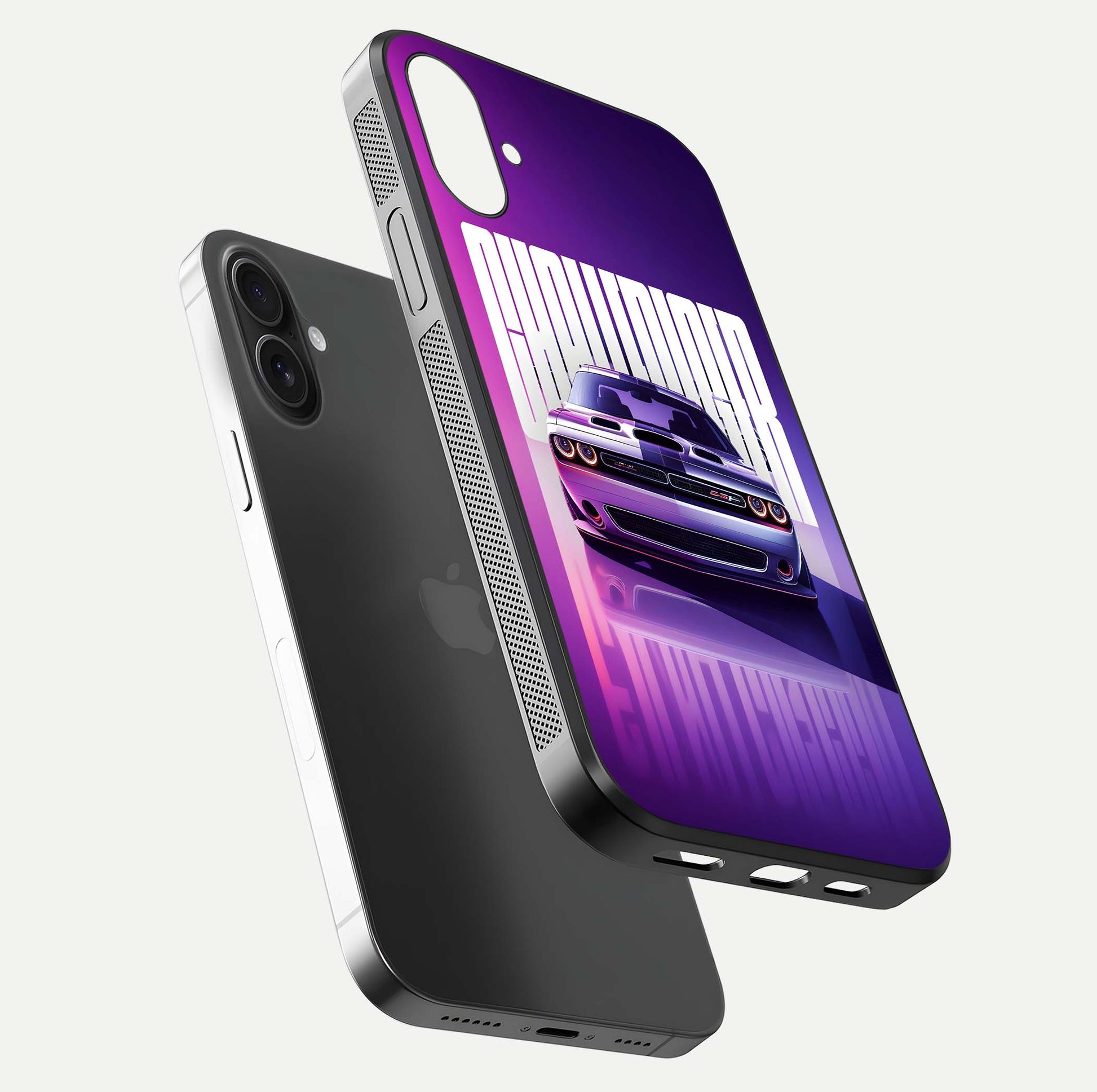 Midnight Bloom Glow Glass Case for iPhone 16 floating dual-view mockup showing HD gloss and floral contrast