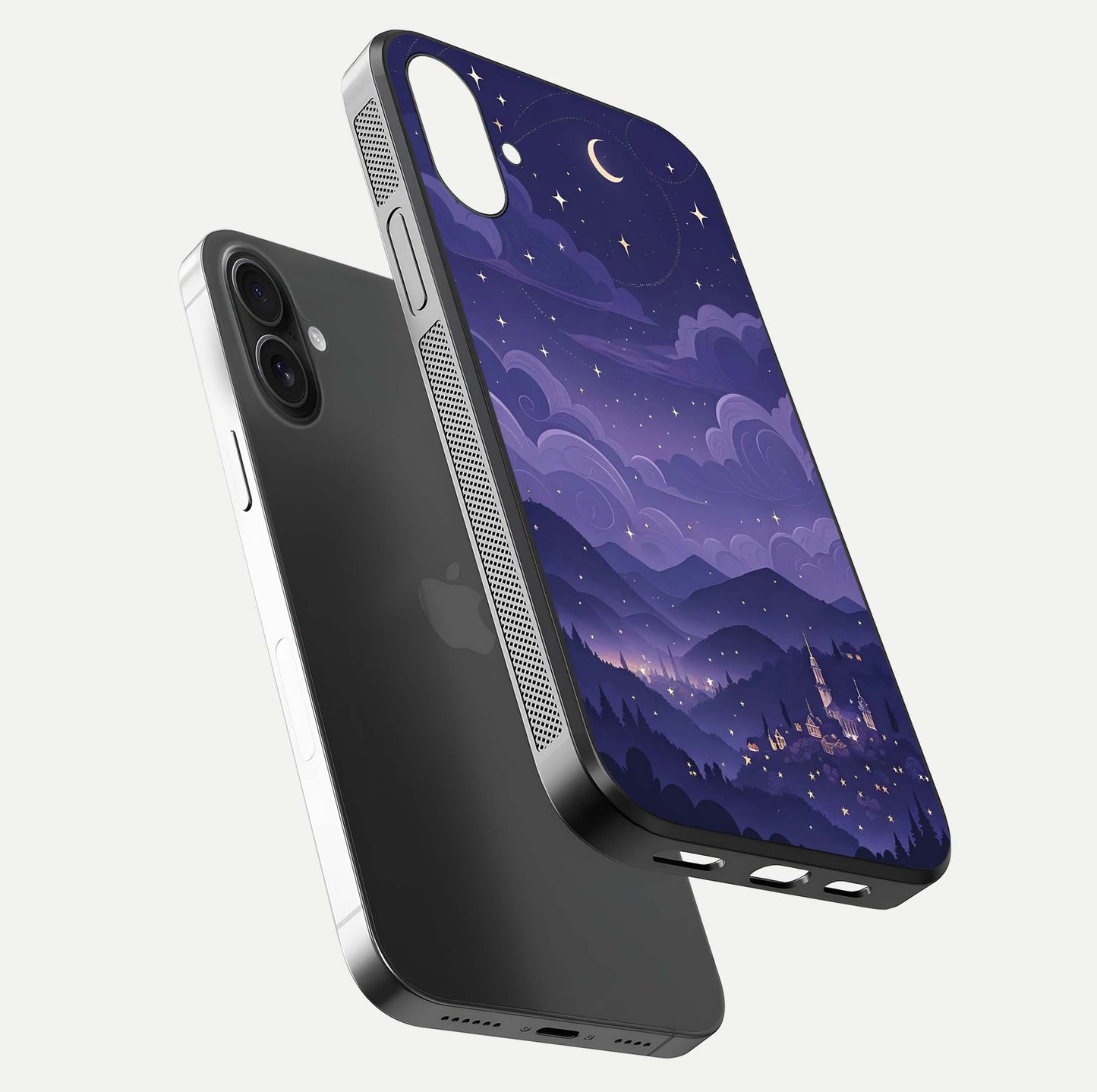 Minimal Night View Glass Case for iPhone 16 floating dual-view mockup showing HD gloss and clean lines