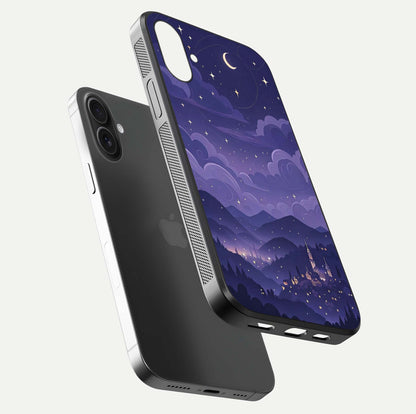 Minimal Night View Glass Case for iPhone 16 floating dual-view mockup showing HD gloss and clean lines