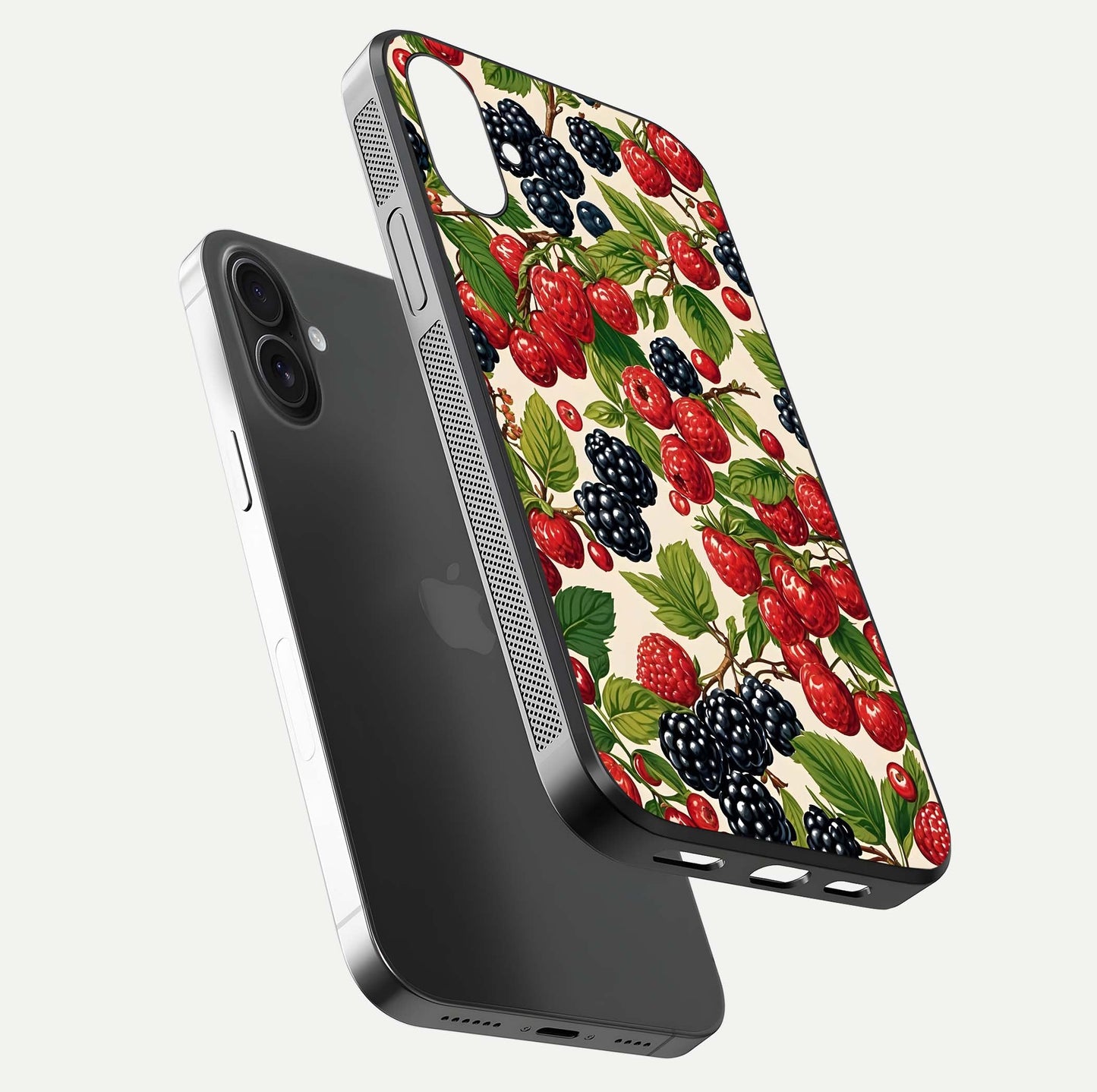 Mixed Berry Collage Glass Case for iPhone 16 floating dual-view mockup showing gloss depth and vibrant design