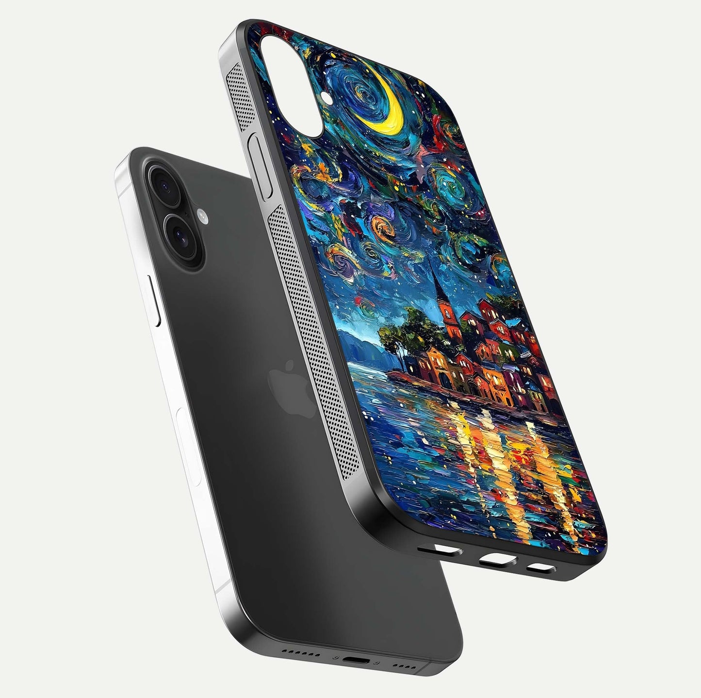 Moonlight Harbor Glow Glass Case for iPhone 16 floating dual-view mockup showing gloss brightness and glow