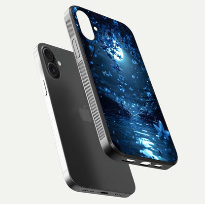 Moonlight Petal Dream Glass Case for iPhone 16 floating dual-view mockup showing HD gloss and dreamy art