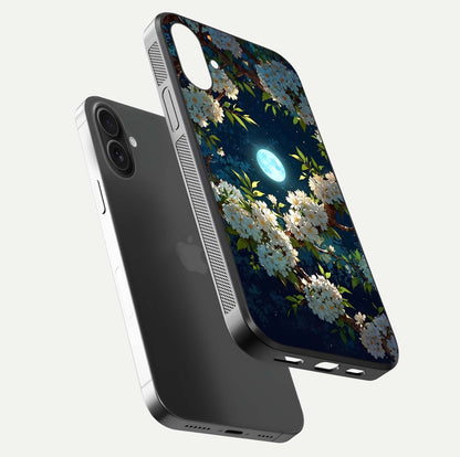 Moonlit Blossom Dream Glass Case for iPhone 16 floating dual-view mockup showing gloss texture and floral tone
