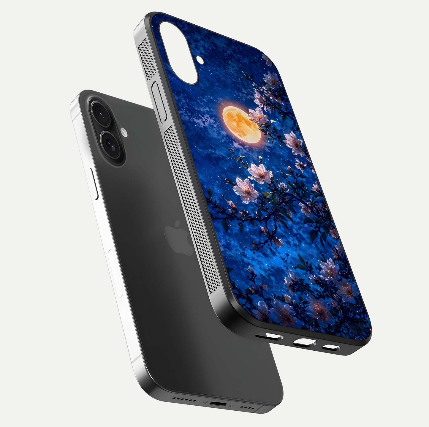 Moonlit Blossoms Night Glass Case for iPhone 16 floating dual-view mockup showing HD gloss and floral contrast