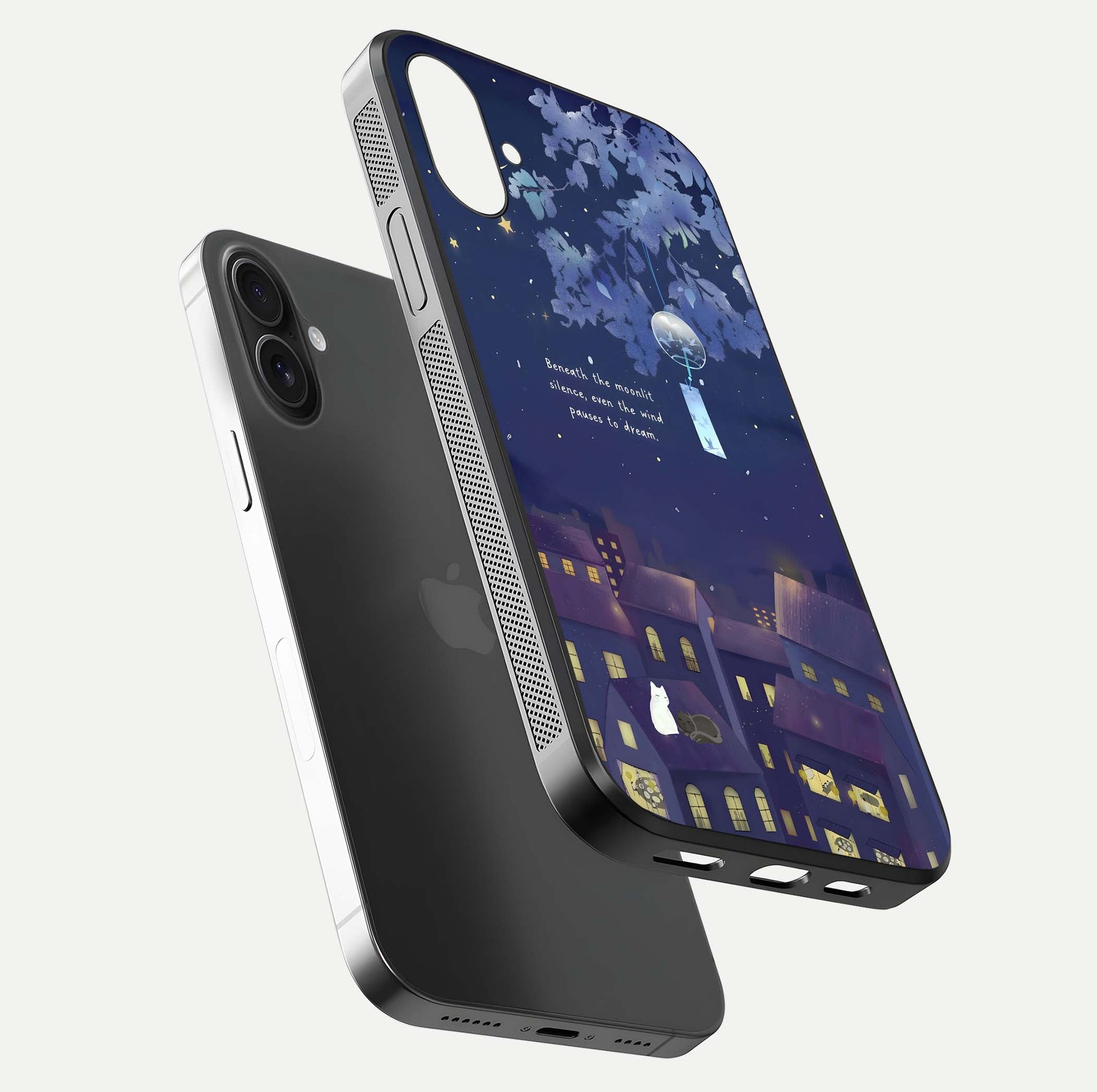 Moonlit Cat Silence Glass Case for iPhone 16 floating dual-view mockup showing gloss reflection and moon art