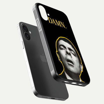 Mr Bean Damn Glass Case for iPhone 16 floating dual-view mockup showing reflective gloss and vivid tones