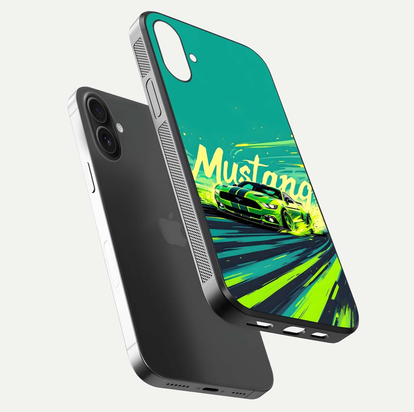 Mustang Bang Glass Case for iPhone 16 floating dual-view mockup showing gloss depth and power design