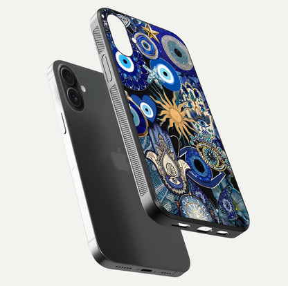 Mystic Blue Evil Eye Glass Case for iPhone 16 floating dual-view mockup showing gloss depth and sacred symbol