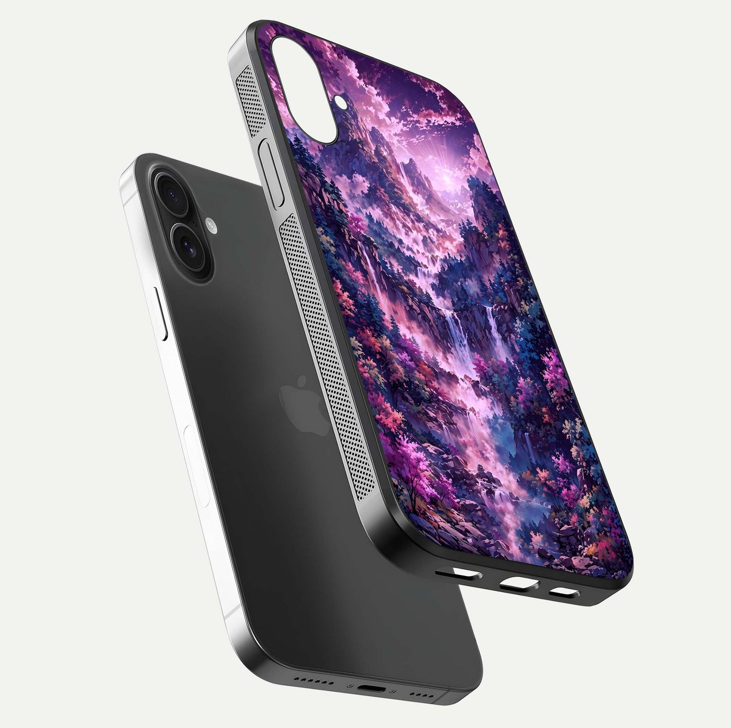 Mystic Cascade Peaks Glass Case for iPhone 16 floating dual-view mockup showing gloss texture and depth