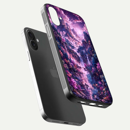 Mystic Cascade Peaks Glass Case for iPhone 16 floating dual-view mockup showing gloss texture and depth
