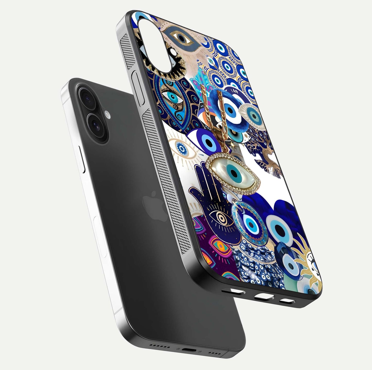 Mystic Charm Eye Glass Case for iPhone 16 floating dual-view mockup showing gloss glow and charm symbol