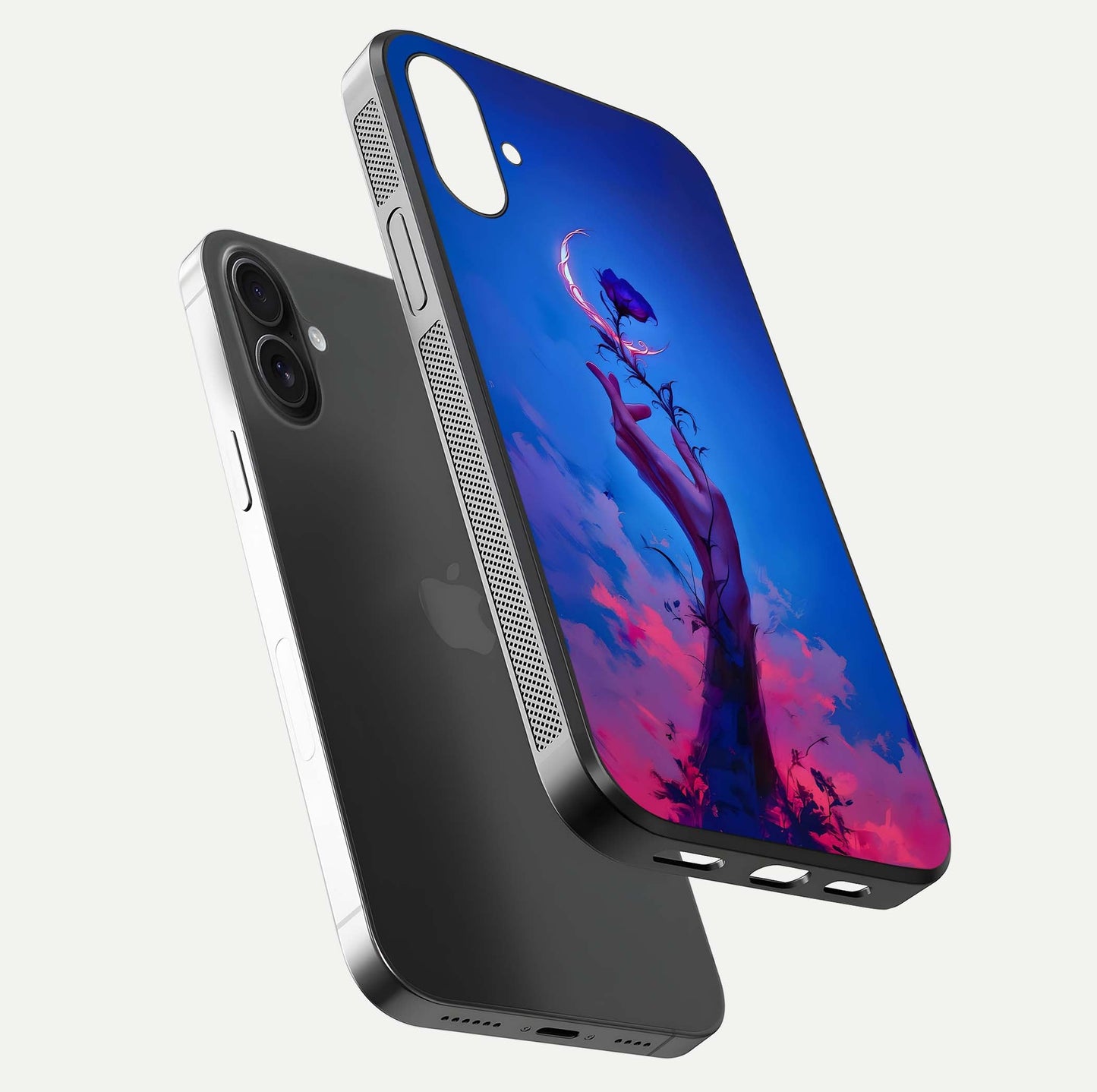 Mystic Hand Glass Case for iPhone 16 floating dual-view mockup showing HD shine and fine palm detail