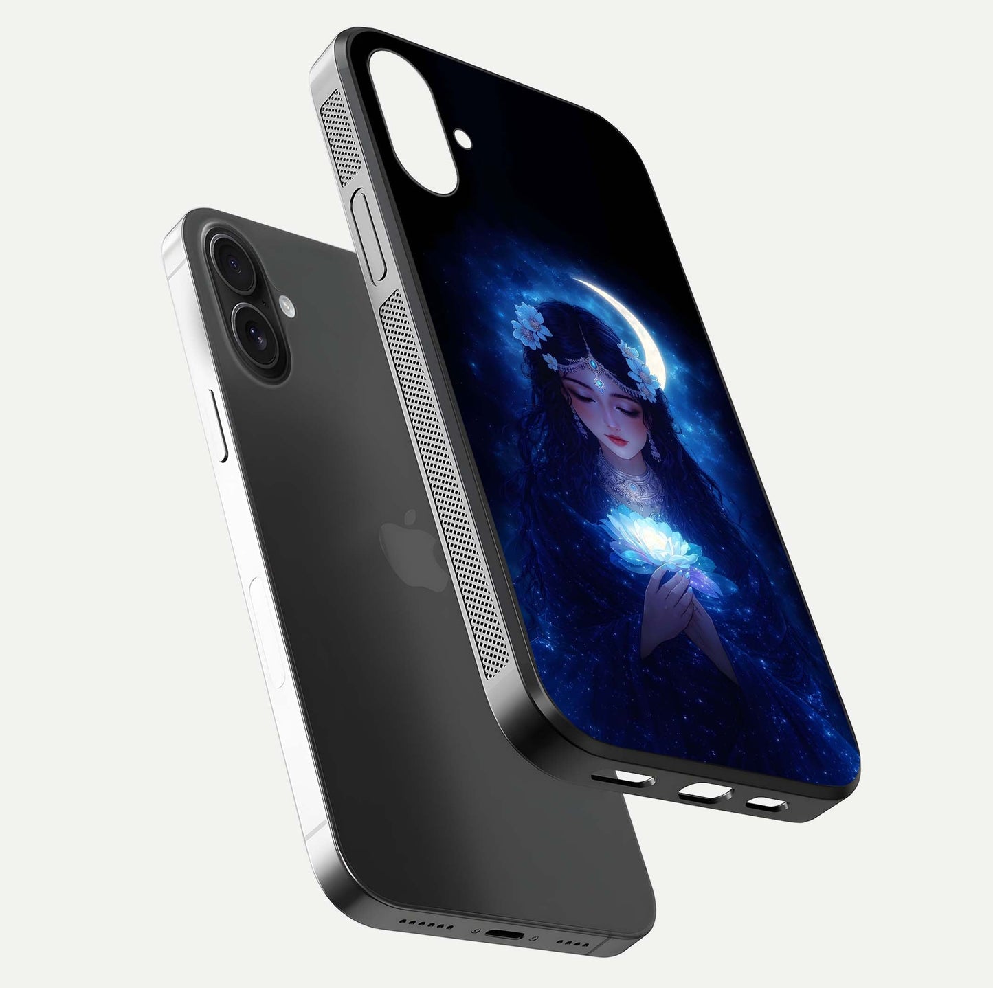 Mystic Moon Queen Glass Case for iPhone 16 floating dual-view mockup showing HD gloss and cosmic glow