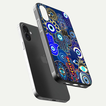 Mystic Palm Guard Glass Case for iPhone 16 floating dual-view mockup showing HD reflection and vivid tone
