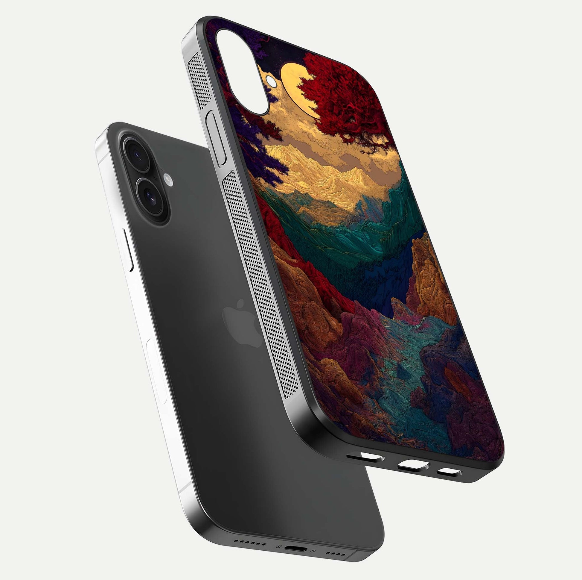Mystic Valley Light Glass Case for iPhone 16 floating dual-view mockup showing HD gloss and light blend