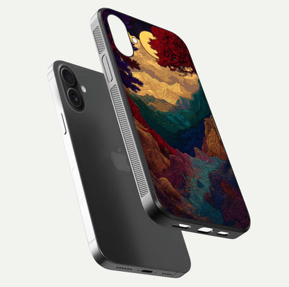Mystic Valley Light Glass Case for iPhone 16 floating dual-view mockup showing HD gloss and light blend