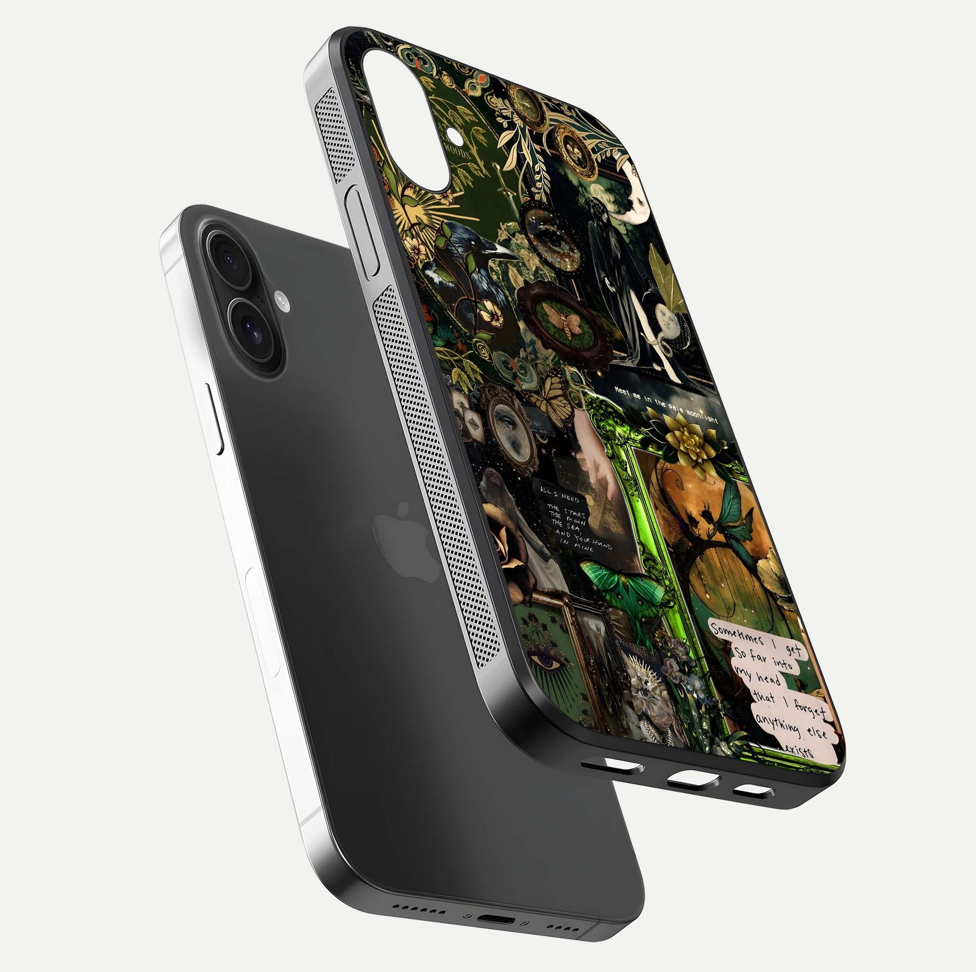 Mystic Woods Secret Glass Case for iPhone 16 floating dual-view mockup showing HD shine and depth