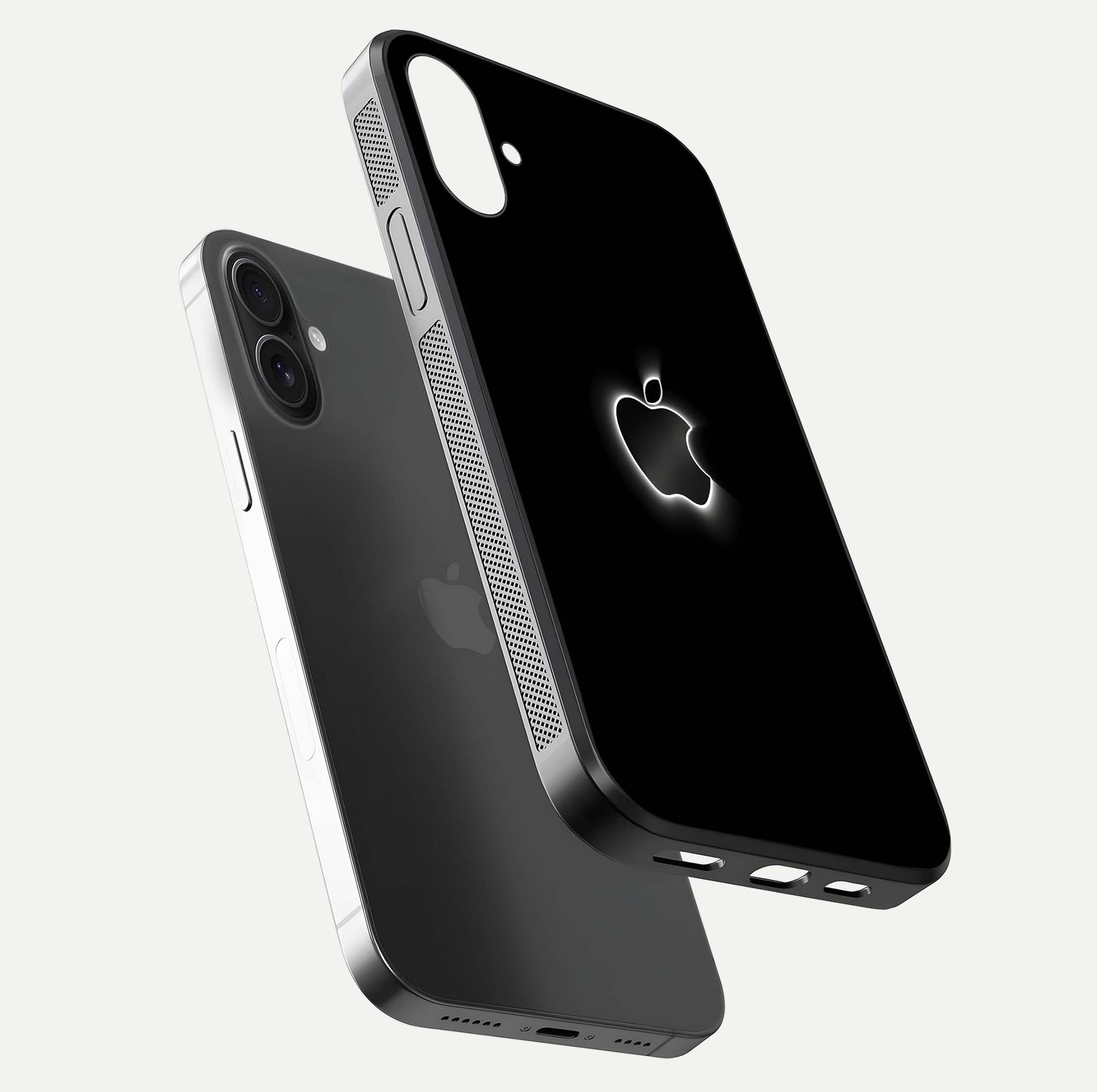 Neon Apple Glow Glass Case for iPhone 16 floating dual-view mockup showing HD shine and modern look
