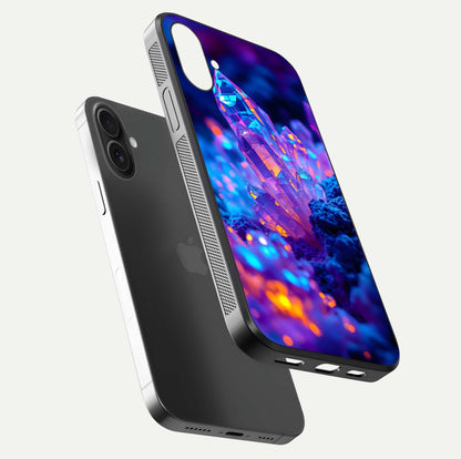 Neon Aura Shards Glass Case for iPhone 16 floating dual-view mockup showing HD shine and shard texture