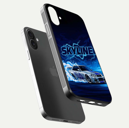 Neon Drift Beast Glass Case for iPhone 16 floating dual-view mockup showing gloss texture and motion glow