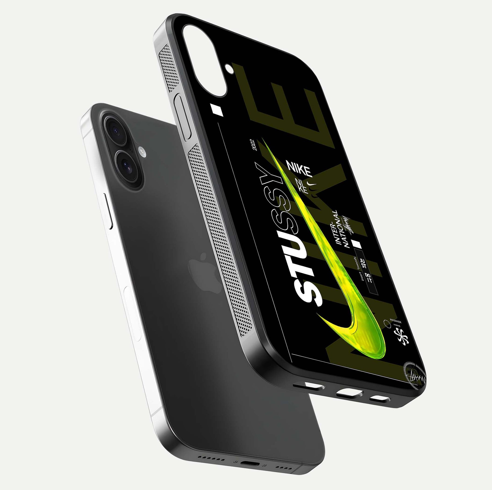 Neon Street Edition Glass Case for iPhone 16 floating dual-view mockup showing HD gloss and neon glow