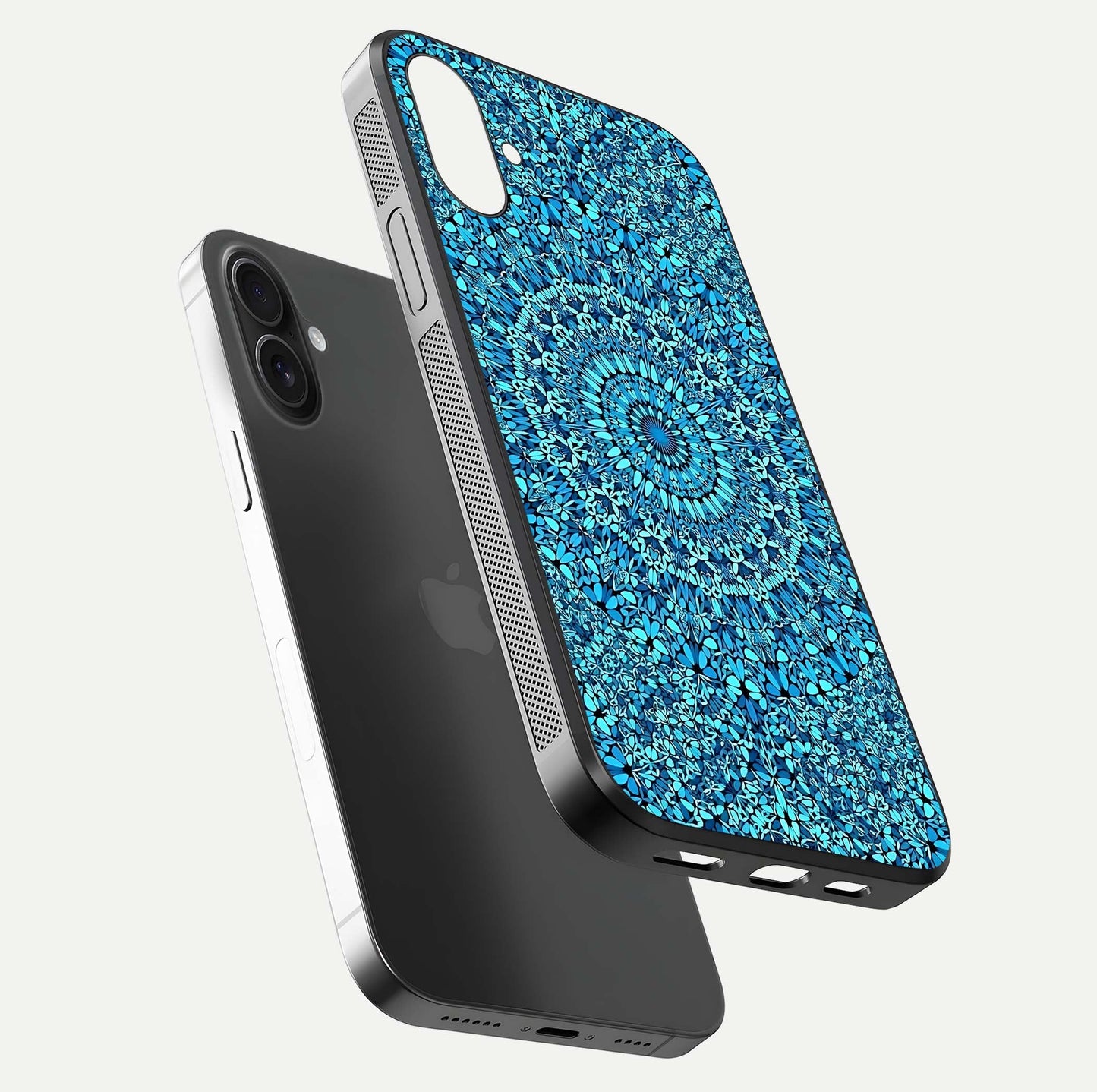 Ocean Bloom Mandala Glass Case for iPhone 16 floating dual-view mockup showing gloss texture and print depth