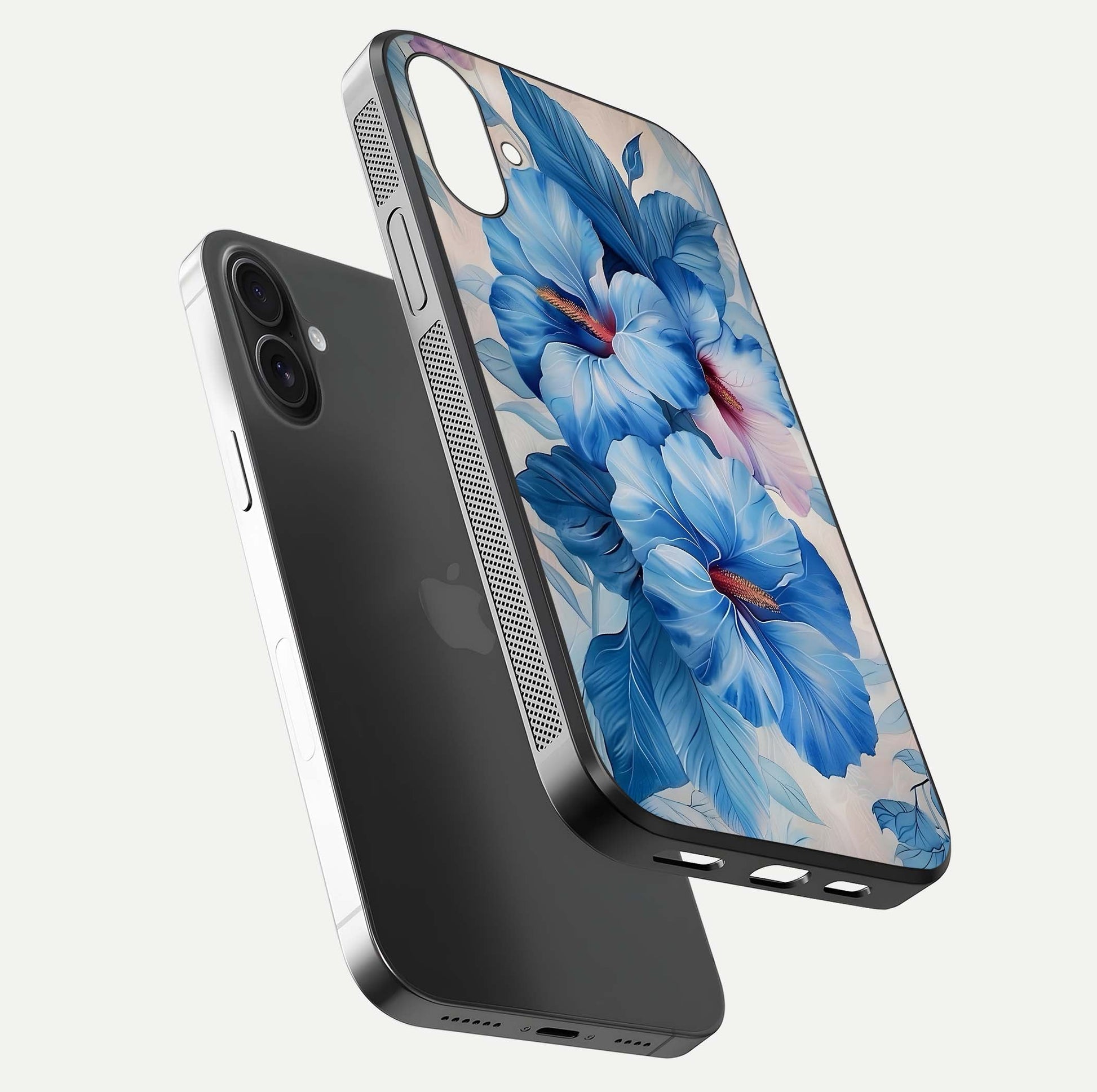 Ocean Hibiscus Grace Glass Case for iPhone 16 floating dual-view mockup showing gloss reflection and print clarity