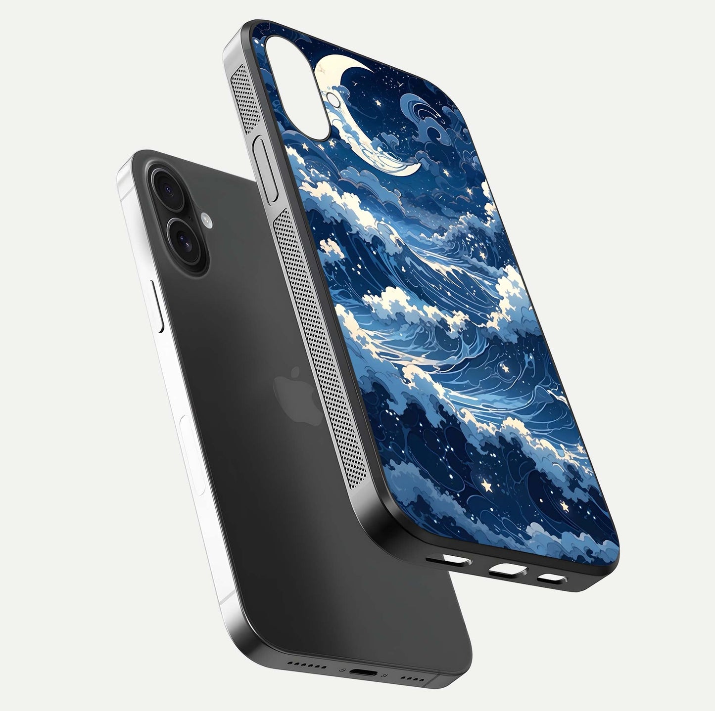 Ocean Moon Waves Glass Case for iPhone 16 floating dual-view mockup showing gloss texture and moon glow
