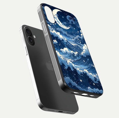 Ocean Moon Waves Glass Case for iPhone 16 floating dual-view mockup showing gloss texture and moon glow