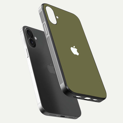 Olive Matte Essence Glass Case for iPhone 16 floating dual-view mockup showing matte gloss and depth