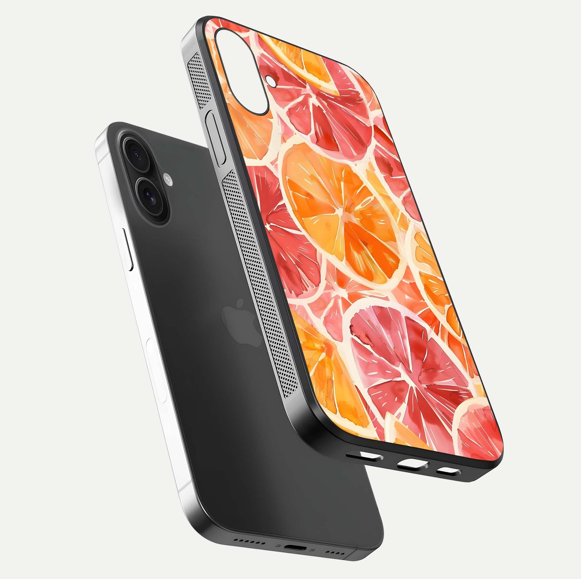 Orange Fruits Pattern Glass Case for iPhone 16 floating dual-view mockup showing gloss reflection and HD tone